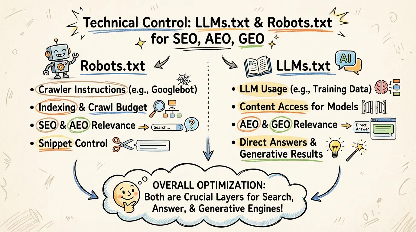 LLMs.txt and Robots.txt: Technical Control Layers for SEO, AEO, and GEO